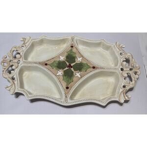 Amscan Home Christmas Divided Serving Tray Holly Berry Porcelain 16"x11"
